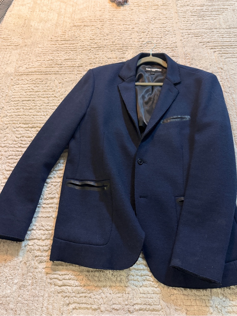 Karl Lagerfeld Men's Dark Navy Blazer with Leather-Trim Pockets
